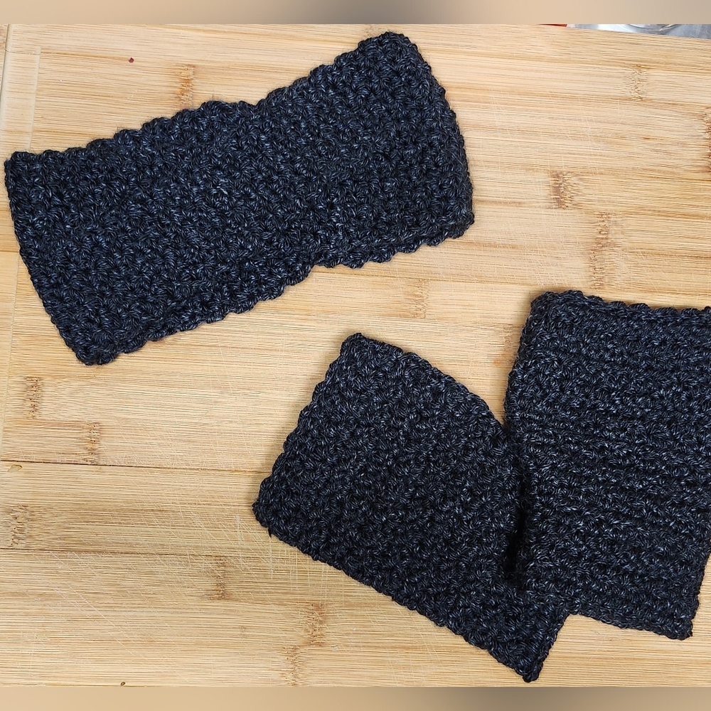Hand Crafted Black Crochet Ear Warmer Headband and Finglerless Gloves